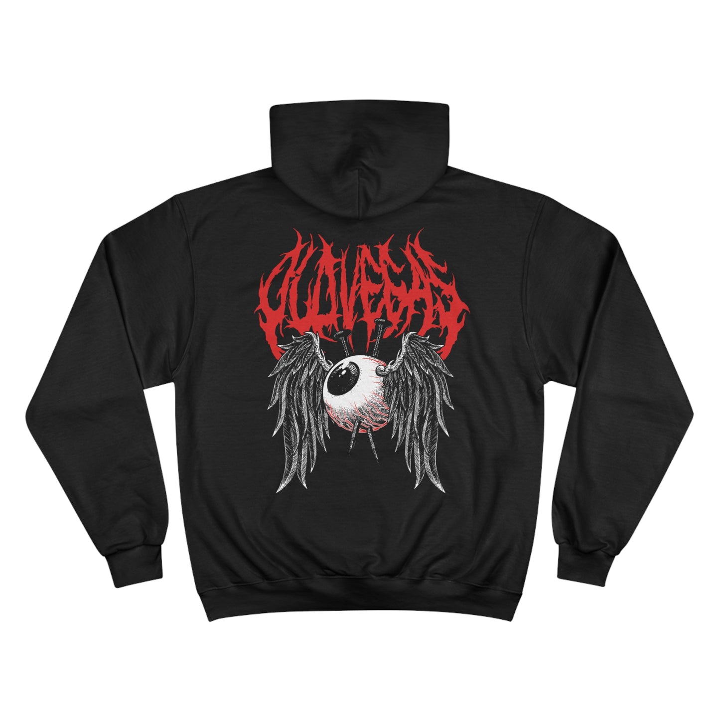 Unisex Champion Hoodie - Winged Eye with 'OLD VEGAS' Text in Gothic Style.